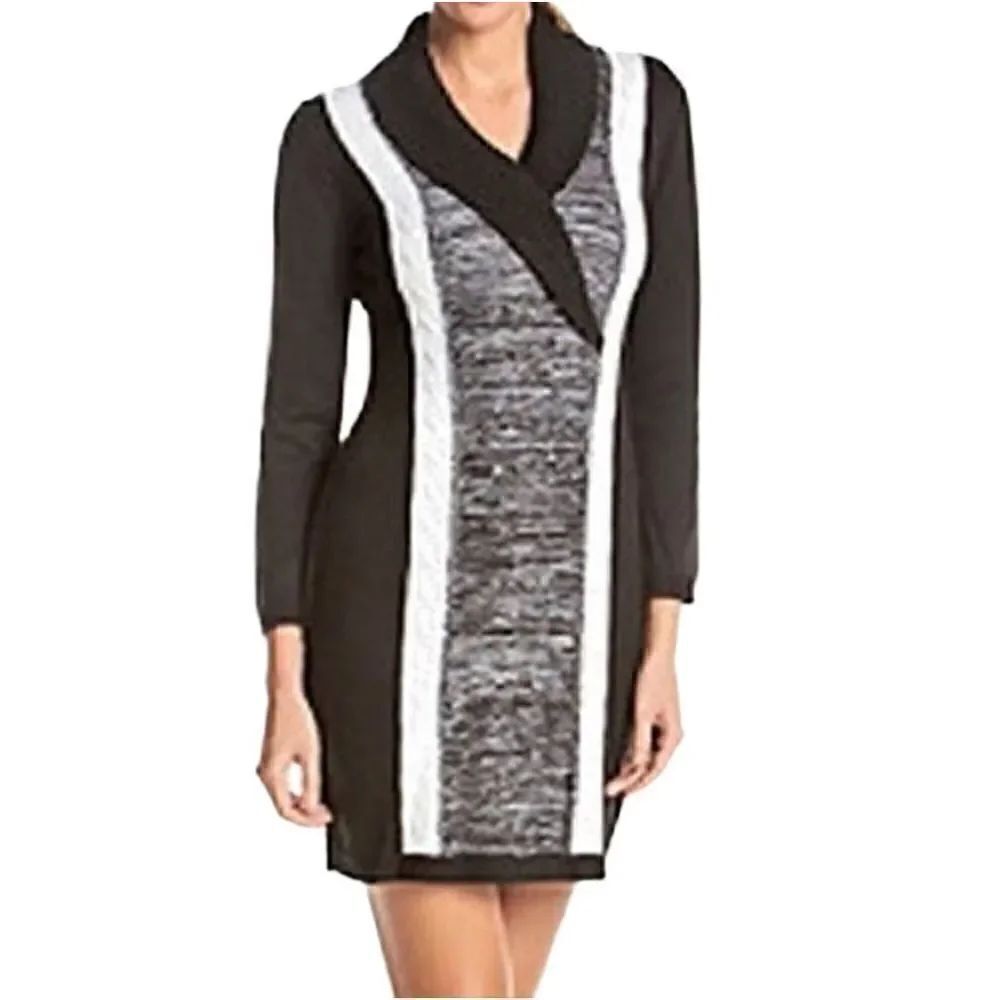 Calvin Klein black and white color block cable knit sweater dress size S